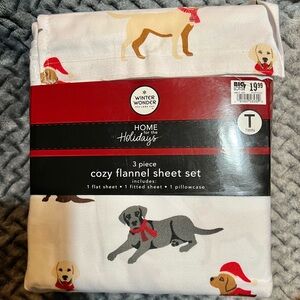 Cozy Flannel Sheet Set - White with Holiday Labrador Retriever Print. Twin Size.